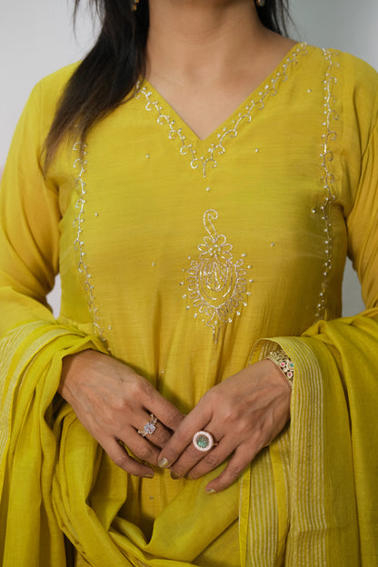 Munsell Yellow Mul Chanderi Anarkali Dupatta Set with Pearl Embroidery