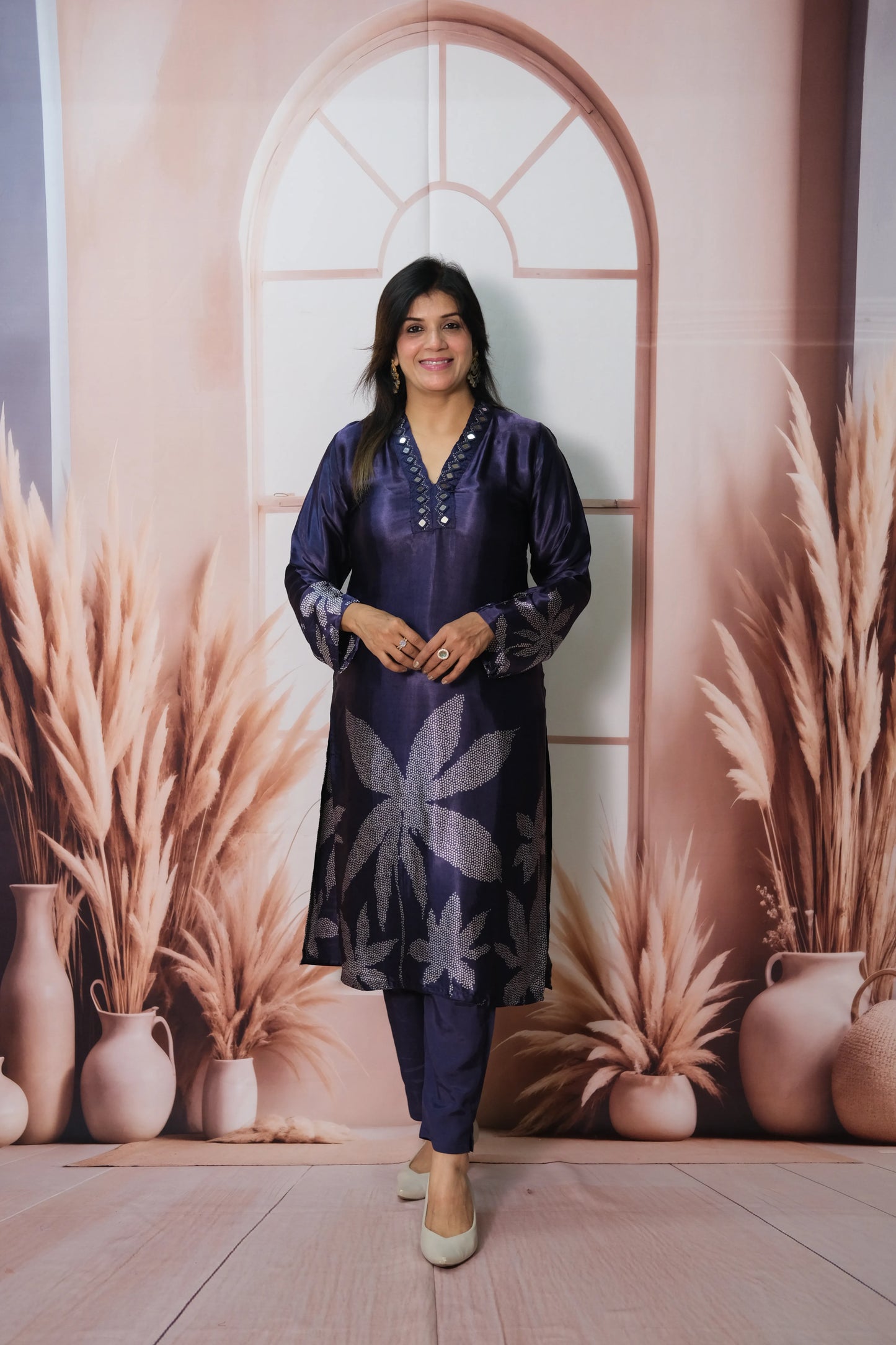 Navy Blue Gaji Silk Kurta Pant Set with Mirror Work & Print