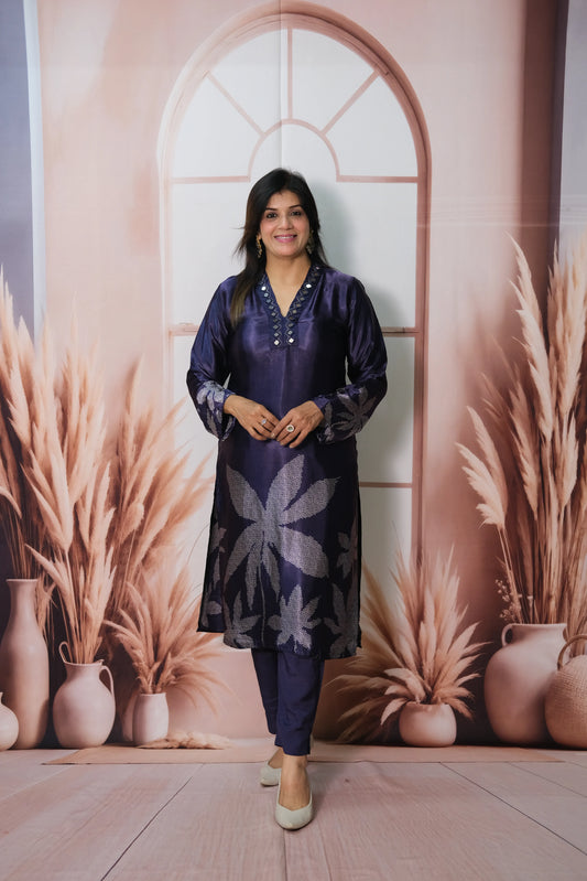 Navy Blue Gaji Silk Kurta Pant Set with Mirror Work & Print