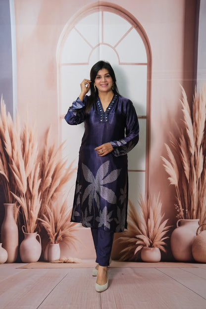 Navy Blue Gaji Silk Kurta Pant Set with Mirror Work & Print