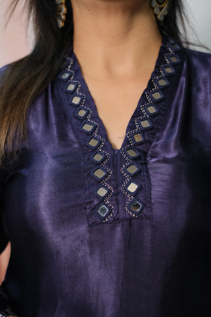 Navy Blue Gaji Silk Kurta Pant Set with Mirror Work & Print