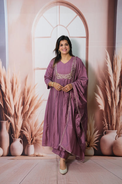 Madder Magenta Mul Chanderi A-Line Kurta Dupatta Set with Pearl Work & Embroidery