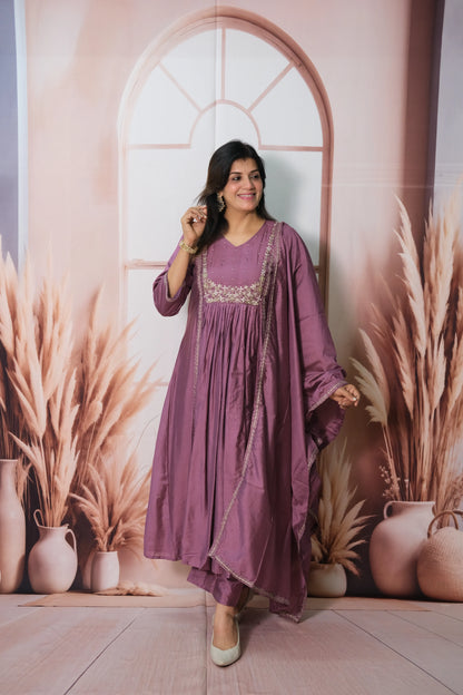 Madder Magenta Mul Chanderi A-Line Kurta Dupatta Set with Pearl Work & Embroidery