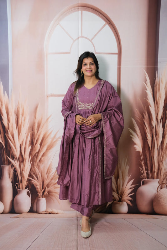 Madder Magenta Mul Chanderi A-Line Kurta Dupatta Set with Pearl Work & Embroidery