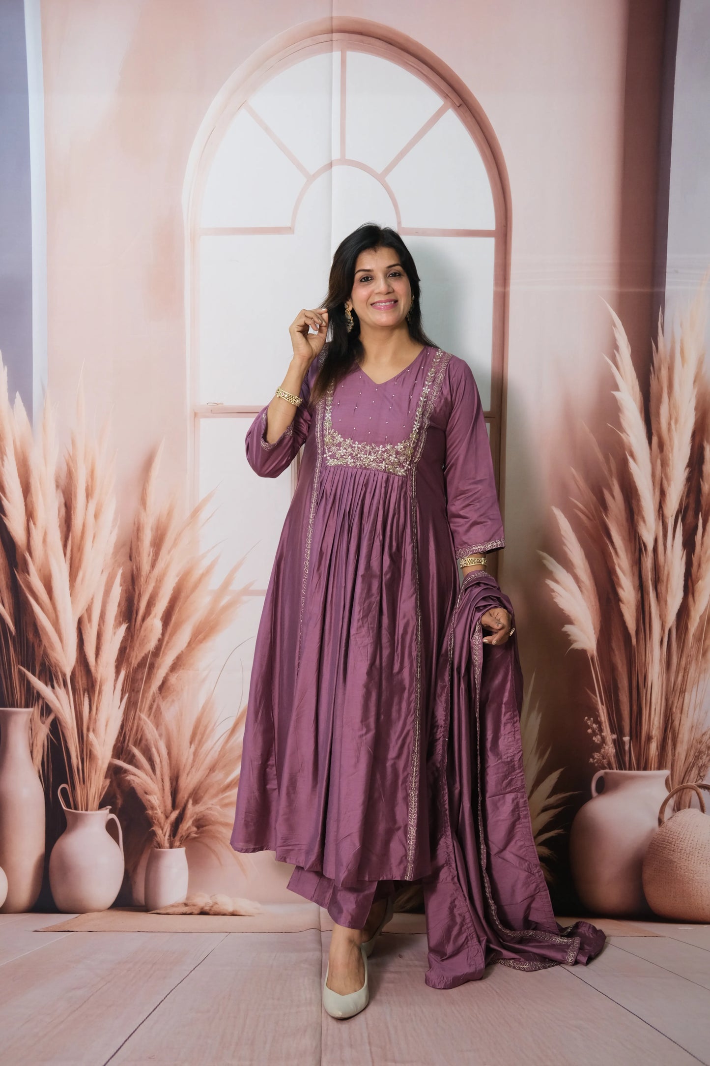 Madder Magenta Mul Chanderi A-Line Kurta Dupatta Set with Pearl Work & Embroidery