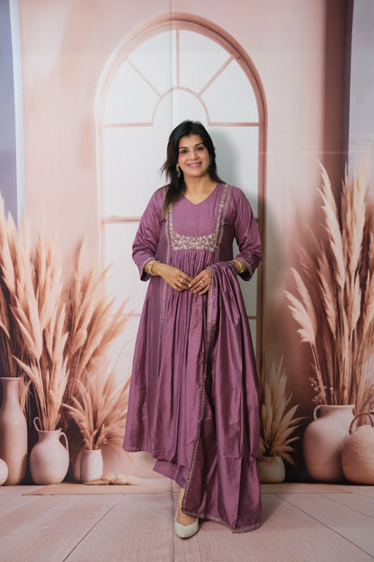 Madder Magenta Mul Chanderi A-Line Kurta Dupatta Set with Pearl Work & Embroidery