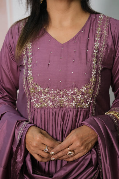 Madder Magenta Mul Chanderi A-Line Kurta Dupatta Set with Pearl Work & Embroidery