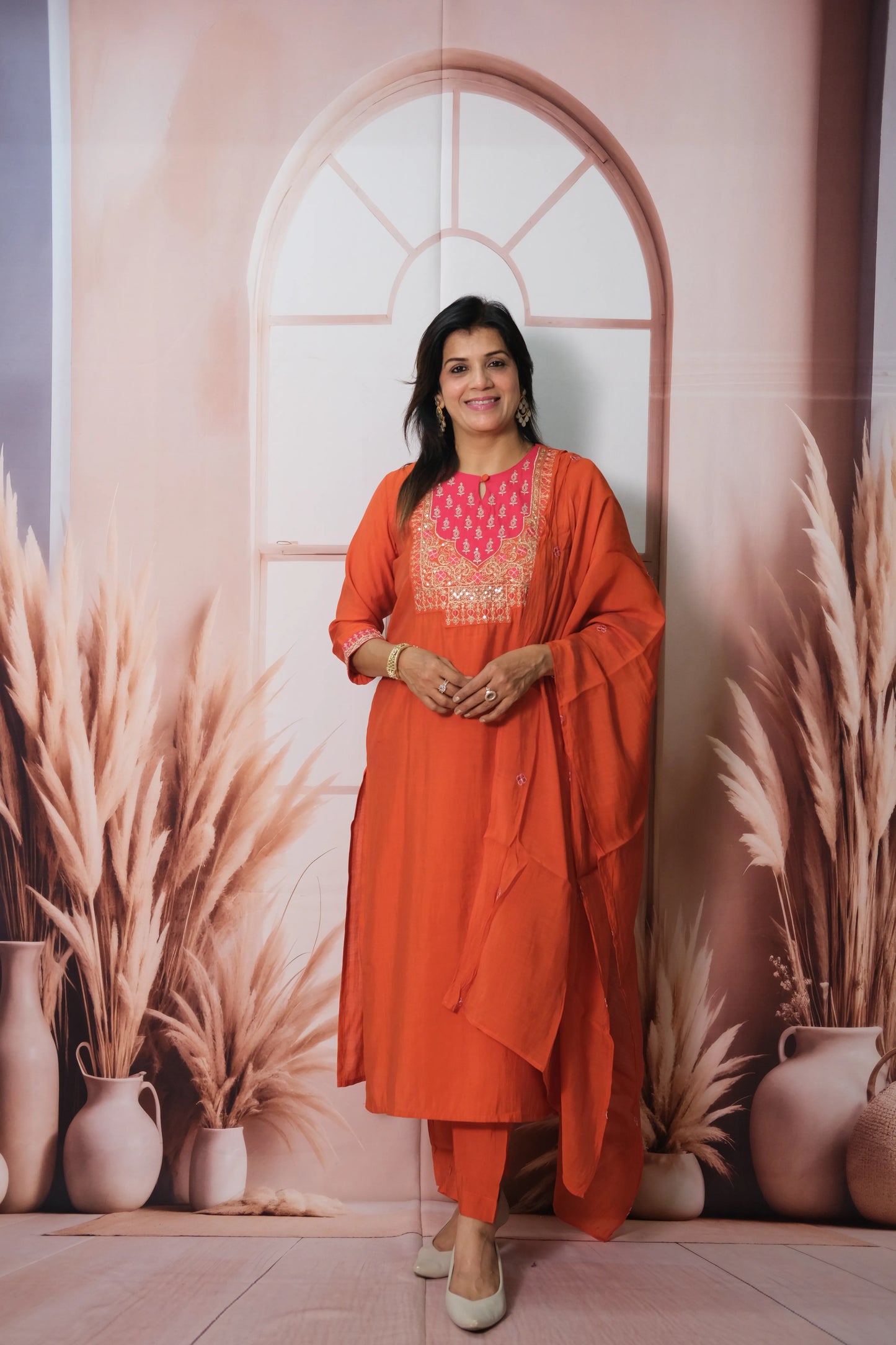 Burnt Orange Muslin Silk Kurta Dupatta Set with Sequin & Embroidery Work