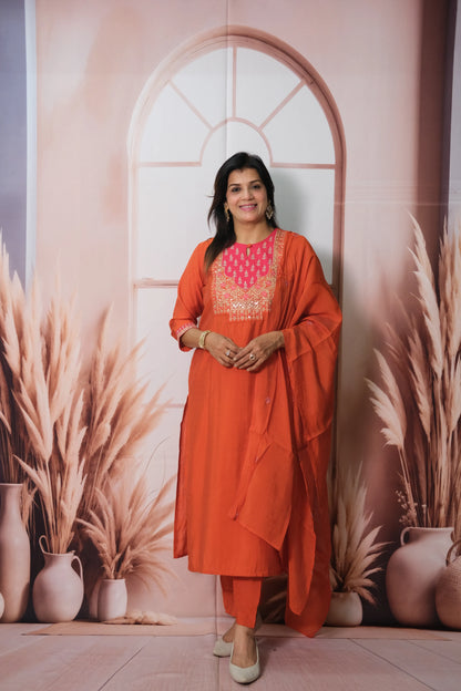 Burnt Orange Muslin Silk Kurta Dupatta Set with Sequin & Embroidery Work