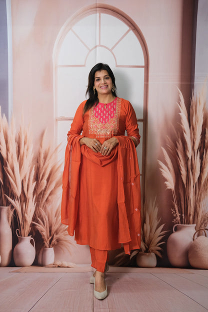 Burnt Orange Muslin Silk Kurta Dupatta Set with Sequin & Embroidery Work