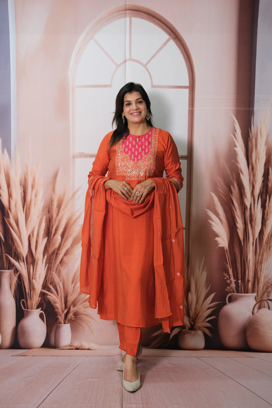 Burnt Orange Muslin Silk Kurta Dupatta Set with Sequin & Embroidery Work
