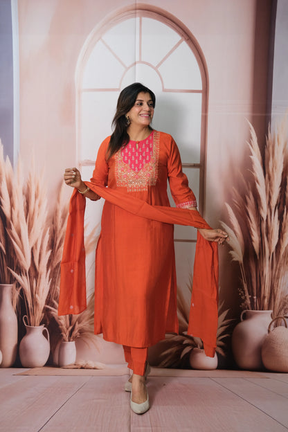 Burnt Orange Muslin Silk Kurta Dupatta Set with Sequin & Embroidery Work