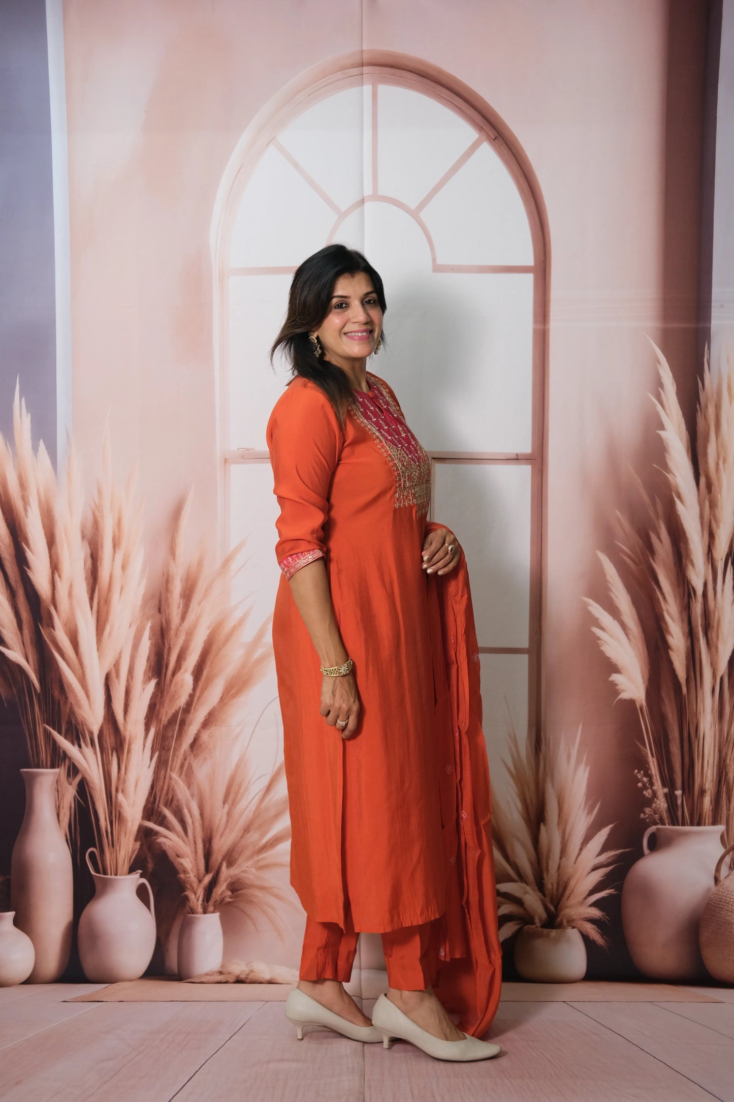Burnt Orange Muslin Silk Kurta Dupatta Set with Sequin & Embroidery Work