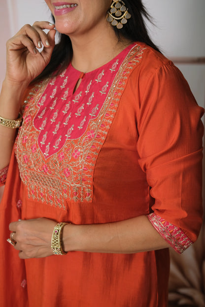 Burnt Orange Muslin Silk Kurta Dupatta Set with Sequin & Embroidery Work