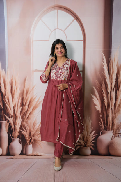 Dark Burgundy Mul Chanderi A-Line Kurta Dupatta Set with Machine Embroidery