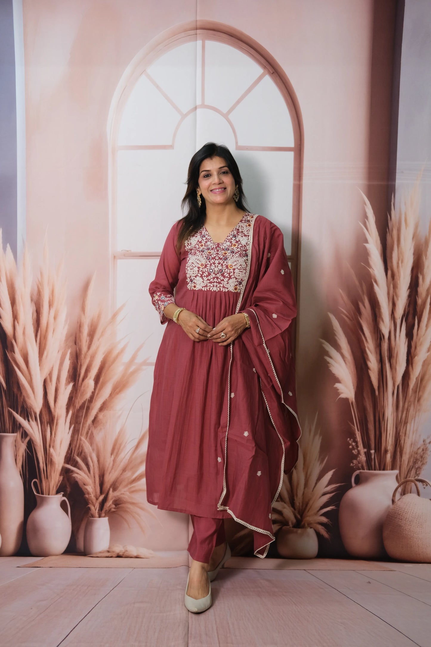 Dark Burgundy Mul Chanderi A-Line Kurta Dupatta Set with Machine Embroidery