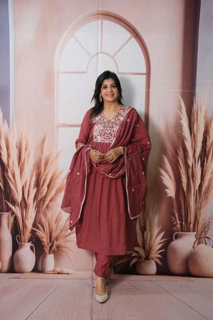 Dark Burgundy Mul Chanderi A-Line Kurta Dupatta Set with Machine Embroidery