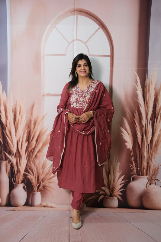 Dark Burgundy Mul Chanderi A-Line Kurta Dupatta Set with Machine Embroidery