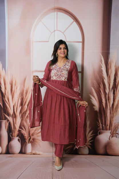 Dark Burgundy Mul Chanderi A-Line Kurta Dupatta Set with Machine Embroidery