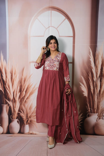 Dark Burgundy Mul Chanderi A-Line Kurta Dupatta Set with Machine Embroidery