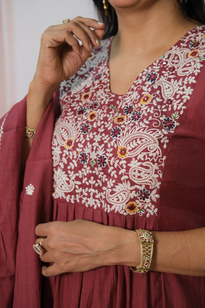 Dark Burgundy Mul Chanderi A-Line Kurta Dupatta Set with Machine Embroidery