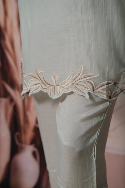 Glacial Green Mul Chanderi Co'ord Set with Cut Work & Embroidery