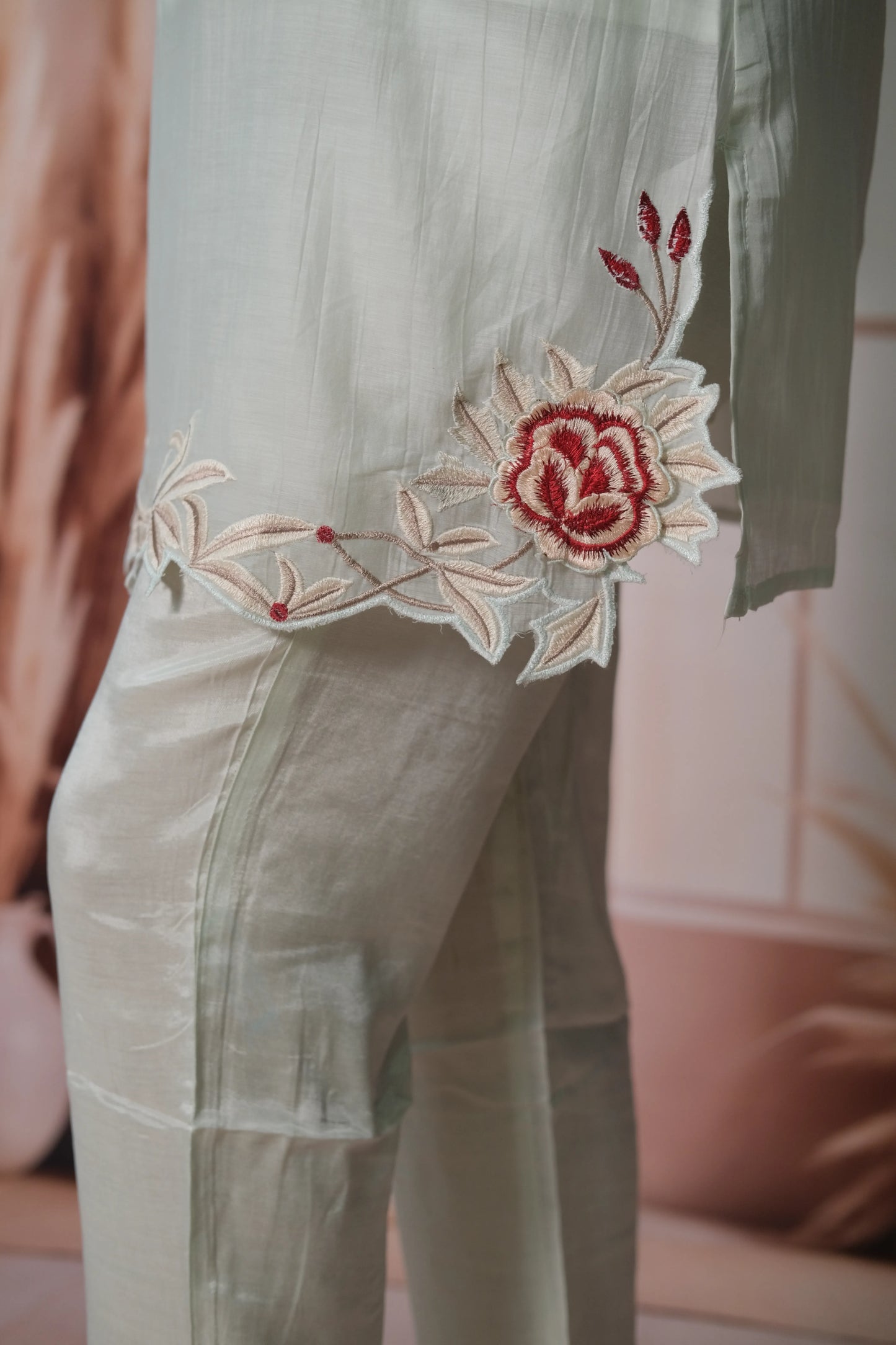 Glacial Green Mul Chanderi Co'ord Set with Cut Work & Embroidery
