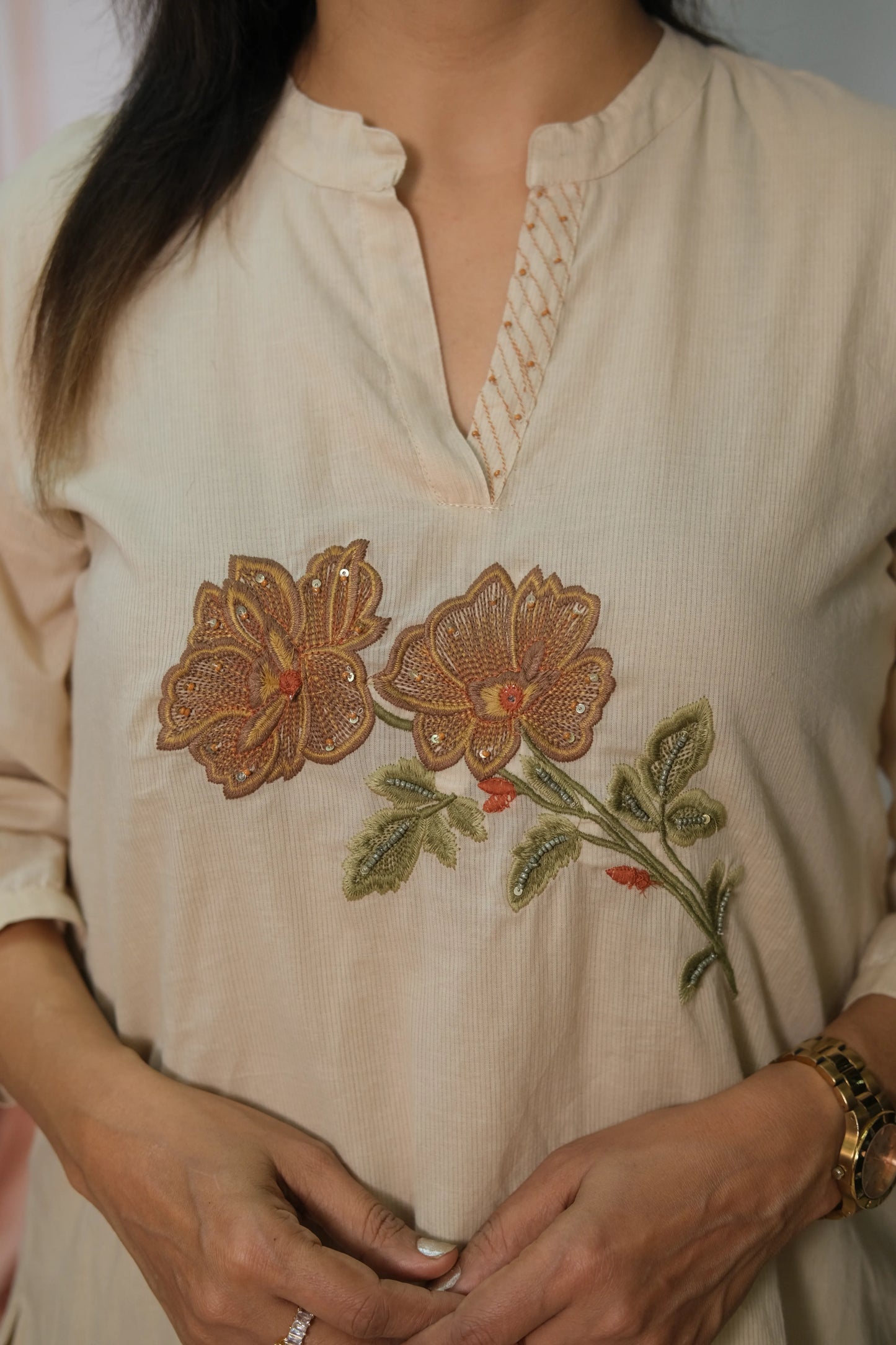 Warm Taupe Mul Cotton Co'ord Set with Patch Work
