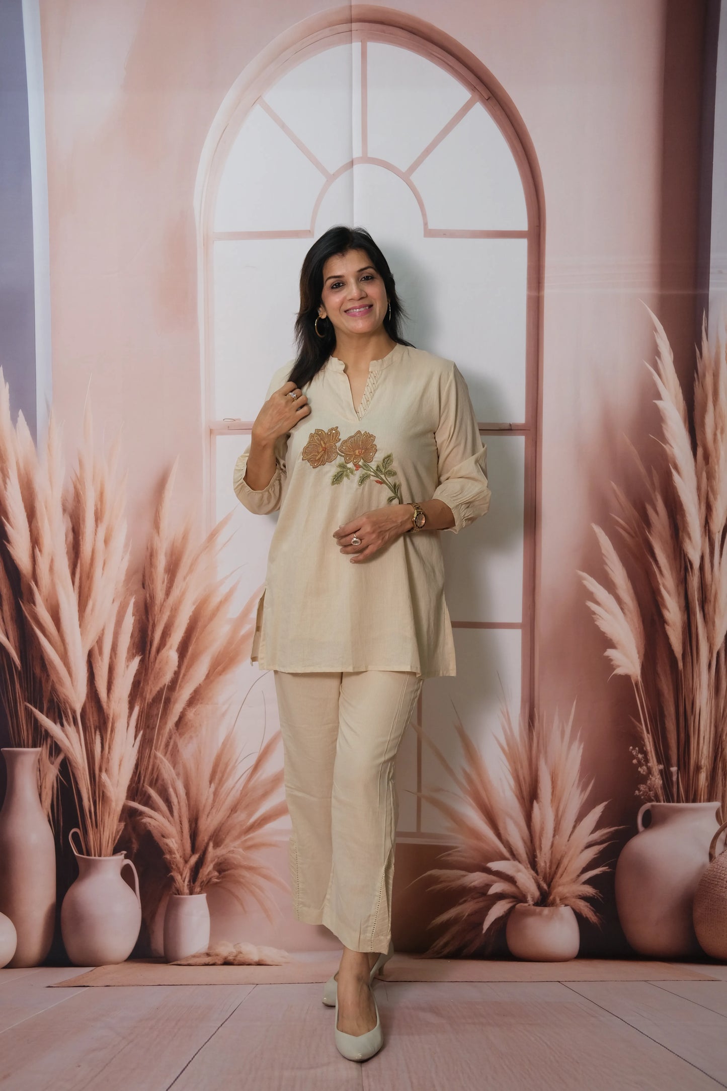Warm Taupe Mul Cotton Co'ord Set with Patch Work