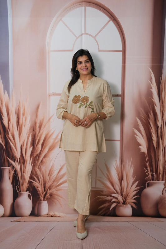 Warm Taupe Mul Cotton Co'ord Set with Patch Work