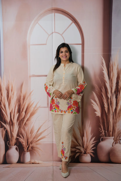 Light Beige Cotton Co'ord Set with Floral Embroidery