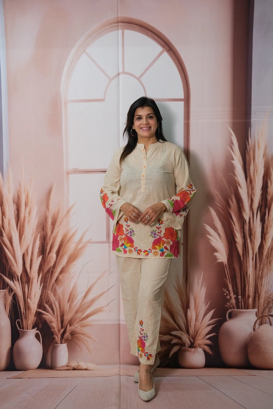 Light Beige Cotton Co'ord Set with Floral Embroidery