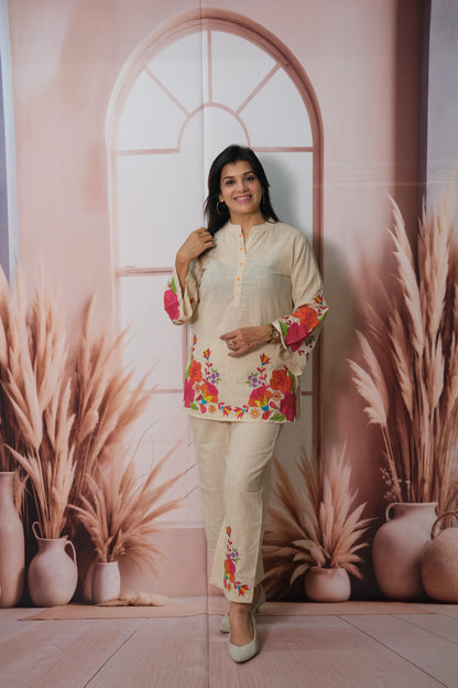 Light Beige Cotton Co'ord Set with Floral Embroidery