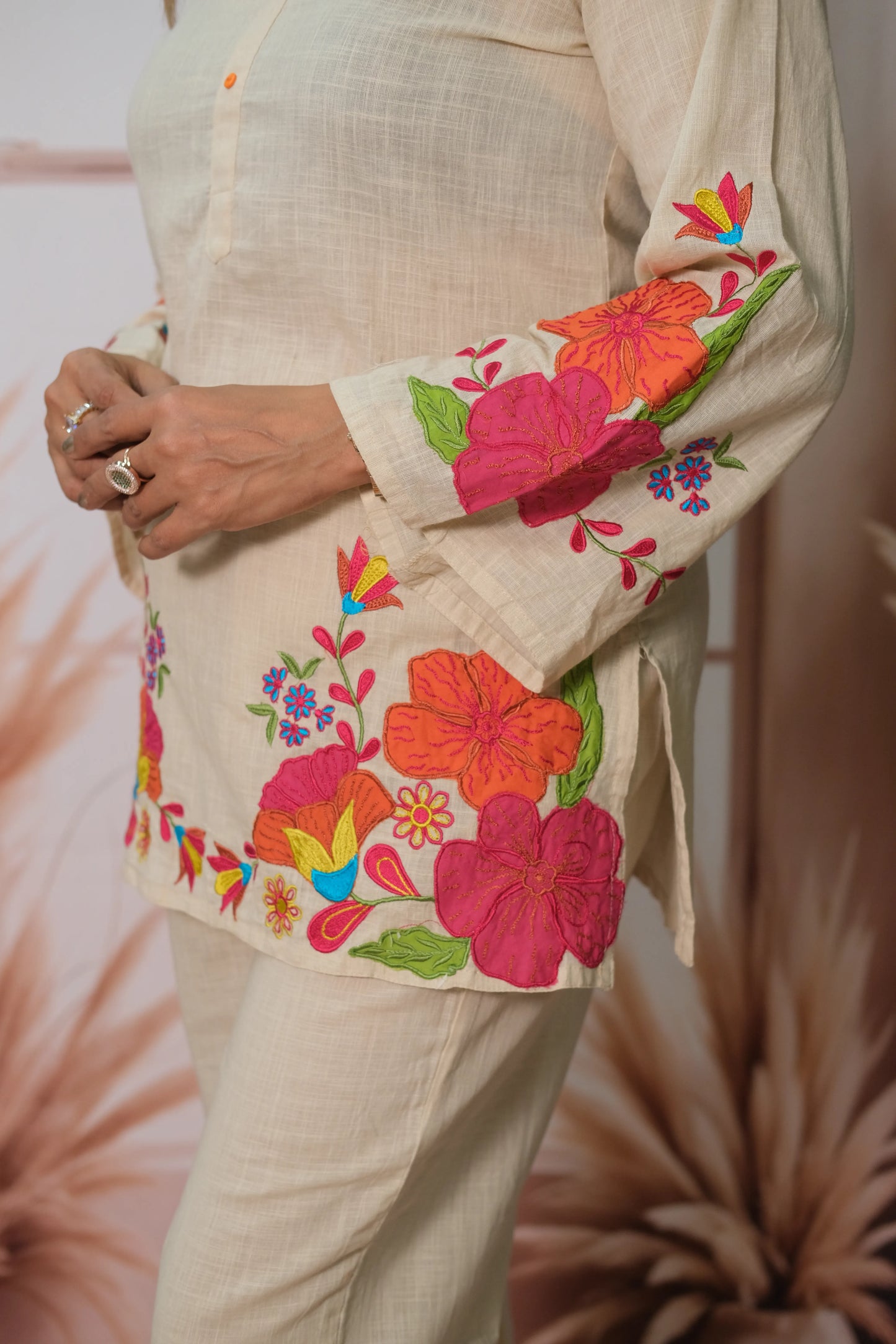 Light Beige Cotton Co'ord Set with Floral Embroidery