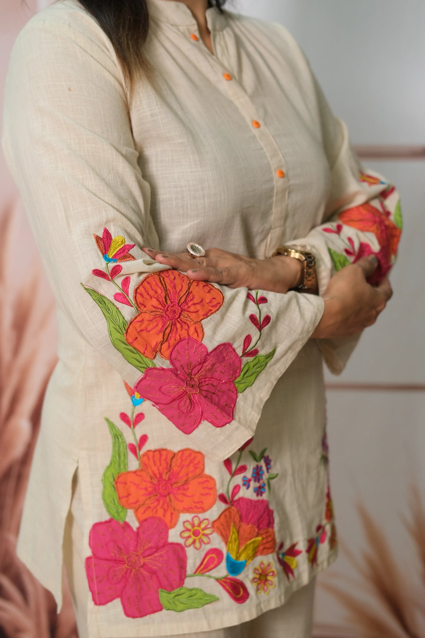 Light Beige Cotton Co'ord Set with Floral Embroidery