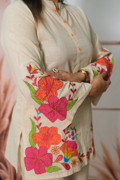 Light Beige Cotton Co'ord Set with Floral Embroidery