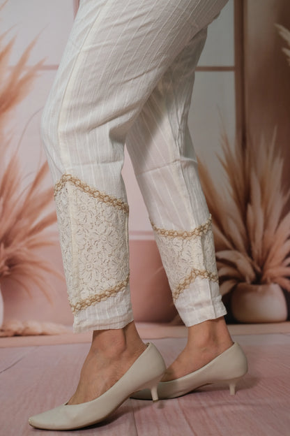 Off White Pure Cotton Co'ord Set with Lace Work