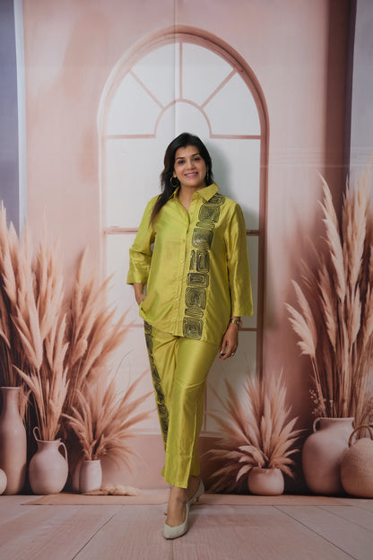 Olive Yellow Raw Silk Co'ord Set with Sequin Embroidery