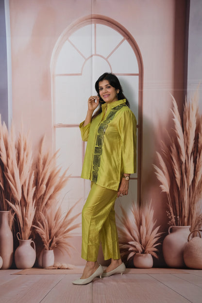 Olive Yellow Raw Silk Co'ord Set with Sequin Embroidery