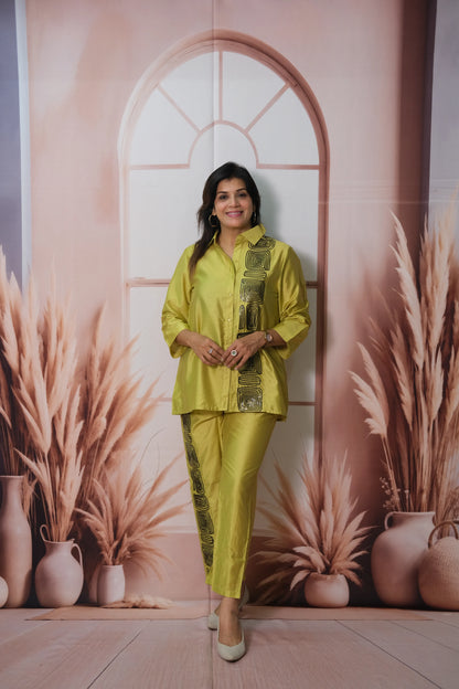 Olive Yellow Raw Silk Co'ord Set with Sequin Embroidery