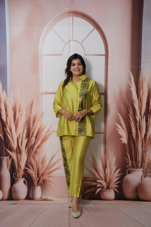 Olive Yellow Raw Silk Co'ord Set with Sequin Embroidery