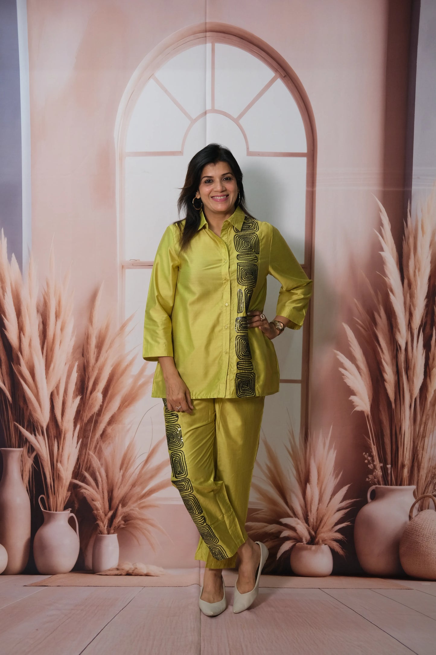 Olive Yellow Raw Silk Co'ord Set with Sequin Embroidery