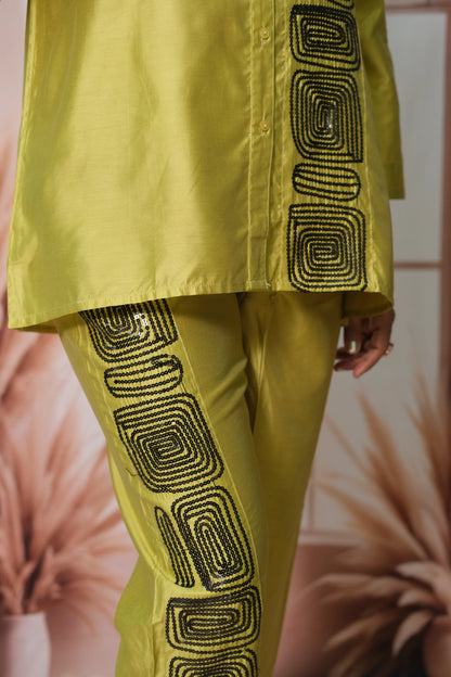 Olive Yellow Raw Silk Co'ord Set with Sequin Embroidery
