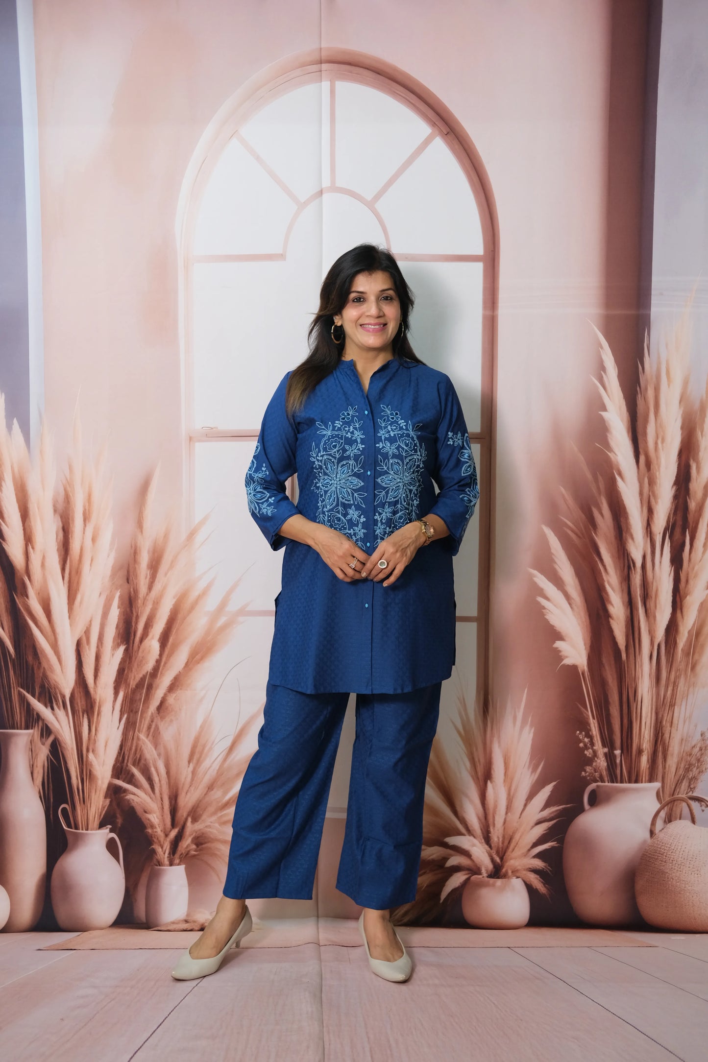 Lapis Blue Cotton Co'ord Set with Thread Embroidery
