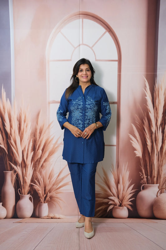Lapis Blue Cotton Co'ord Set with Thread Embroidery