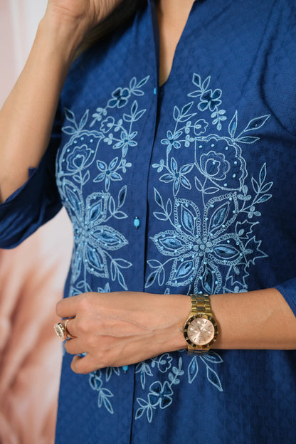 Lapis Blue Cotton Co'ord Set with Thread Embroidery