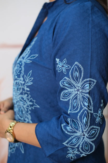 Lapis Blue Cotton Co'ord Set with Thread Embroidery