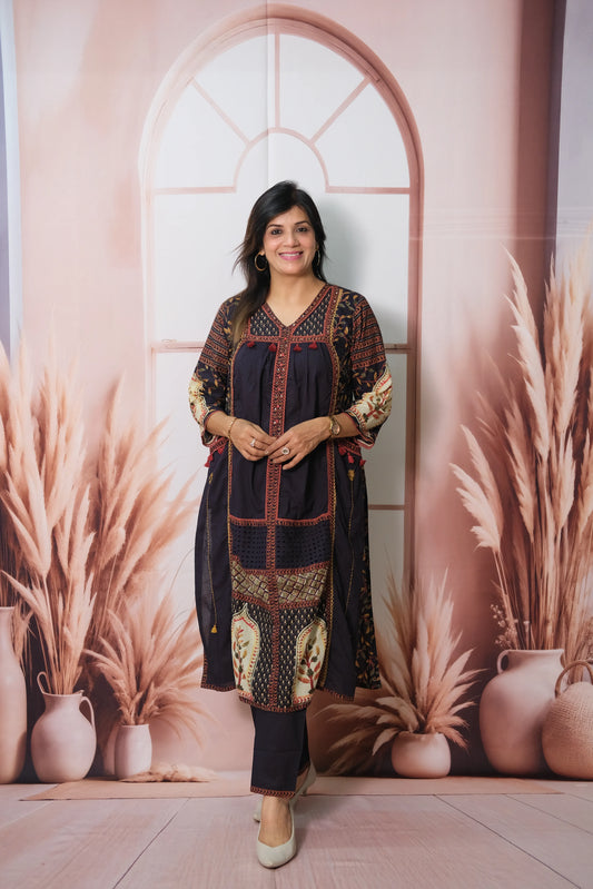 Dark Navy Soft Cotton Kurta Pant Set with Pearl & Sequin Work
