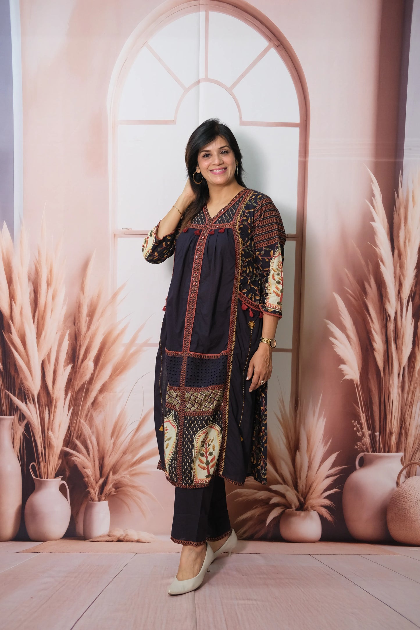 Dark Navy Soft Cotton Kurta Pant Set with Pearl & Sequin Work
