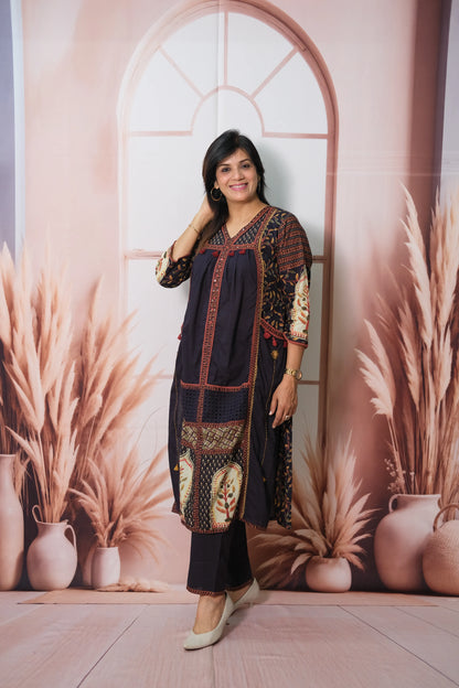 Dark Navy Soft Cotton Kurta Pant Set with Pearl & Sequin Work